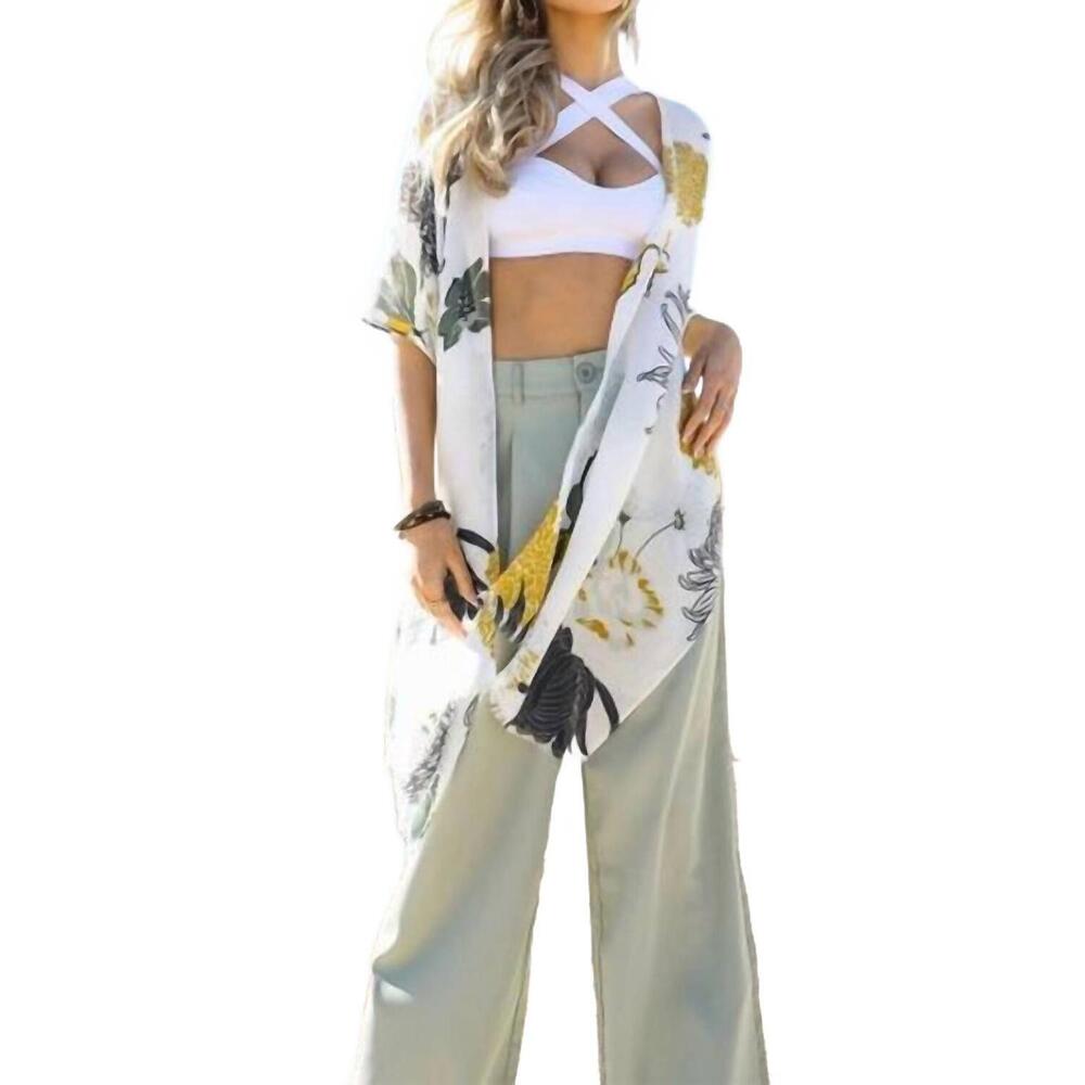 NEW LETO floral motif boho festival cover up kimono in white